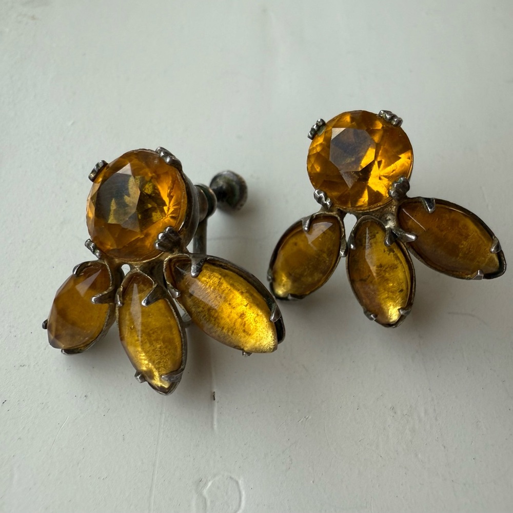 Vintage Sterling Silver Amber Colored Glass Earrings